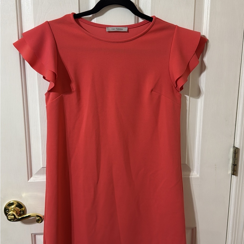 Ces Femme Coral Flutter-Sleeve Mini Shift Dress